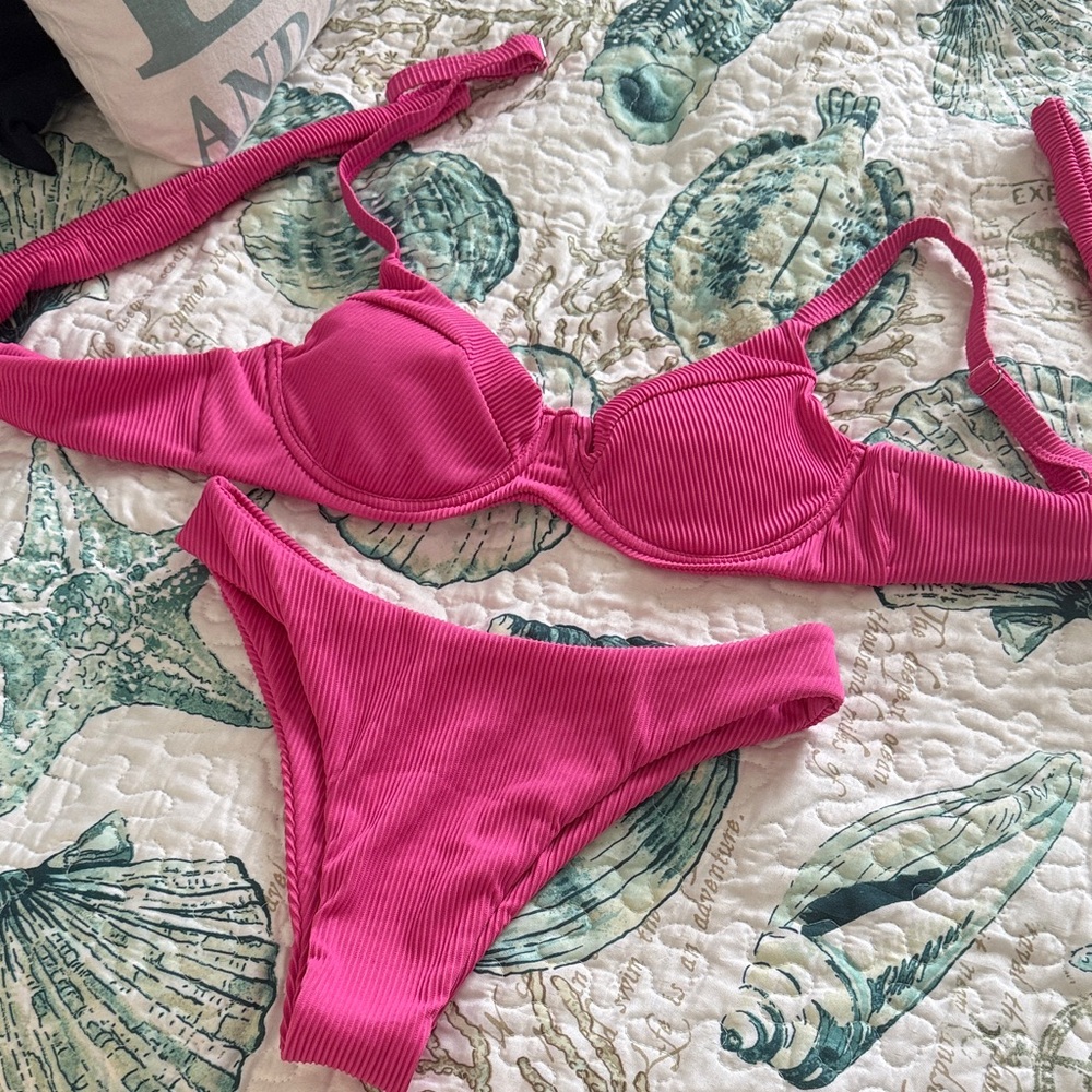 Zaful Pink Ribbed Bikini Set